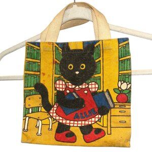 Vintage 70s cotton painted Black "allie" Cat tote bag